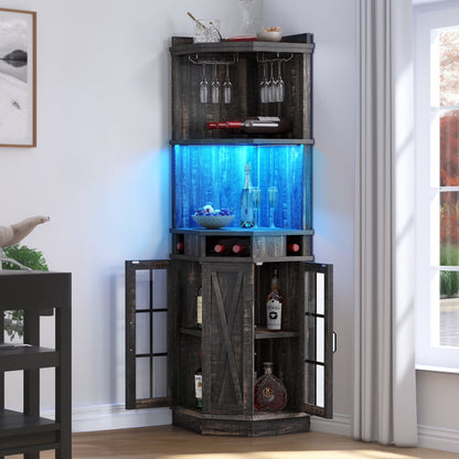 DEXTRUS 72" Corner Bar Unit, 3 Tier Freestanding Wine Bar Cabinet with LED Lights & Glass Holder & Adjustable Shelf, Black Oak
