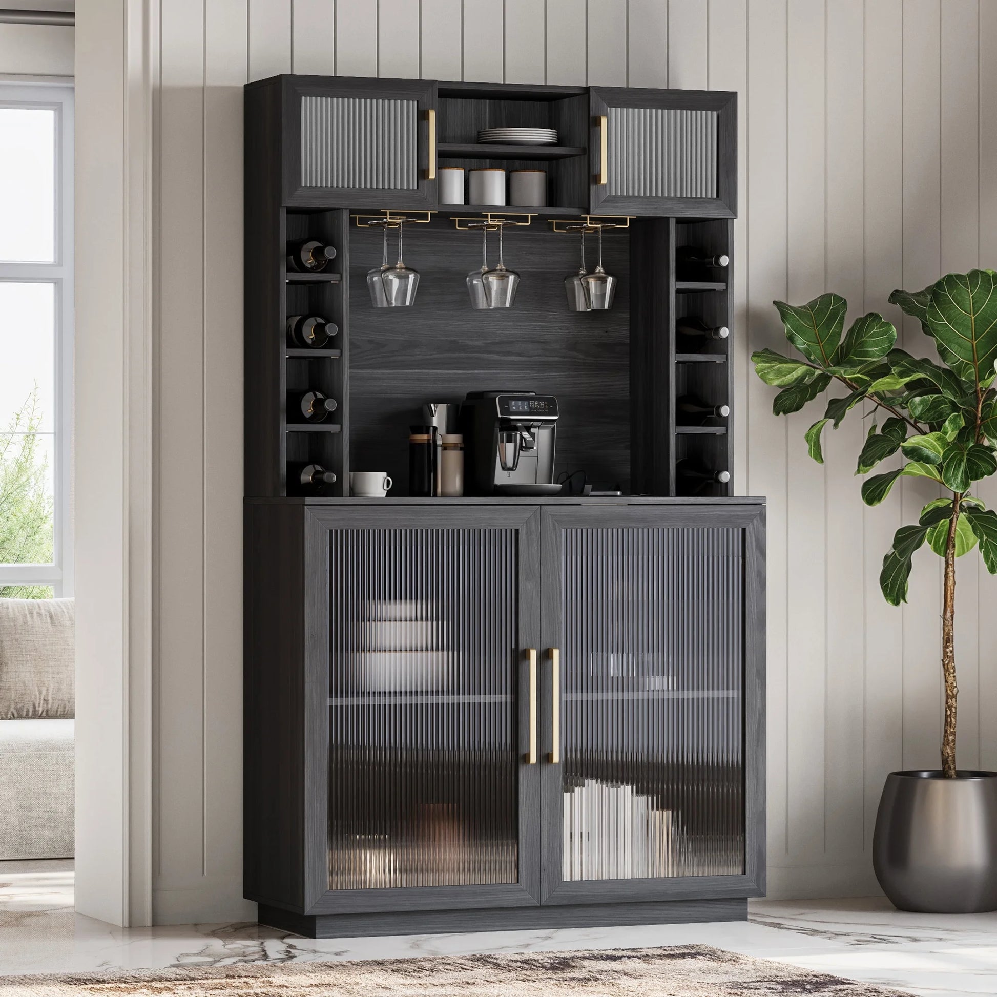 BELLEZE Coffee Wine Bar Cabinet with Power Outlet, 72" Rustic Liquor Cabinet, Tall Buffet Cabinet with Storage Kitchen Pantry Cupboard Wine& Glasses Rack Server with Hutch for Home Dining Room, Ebony