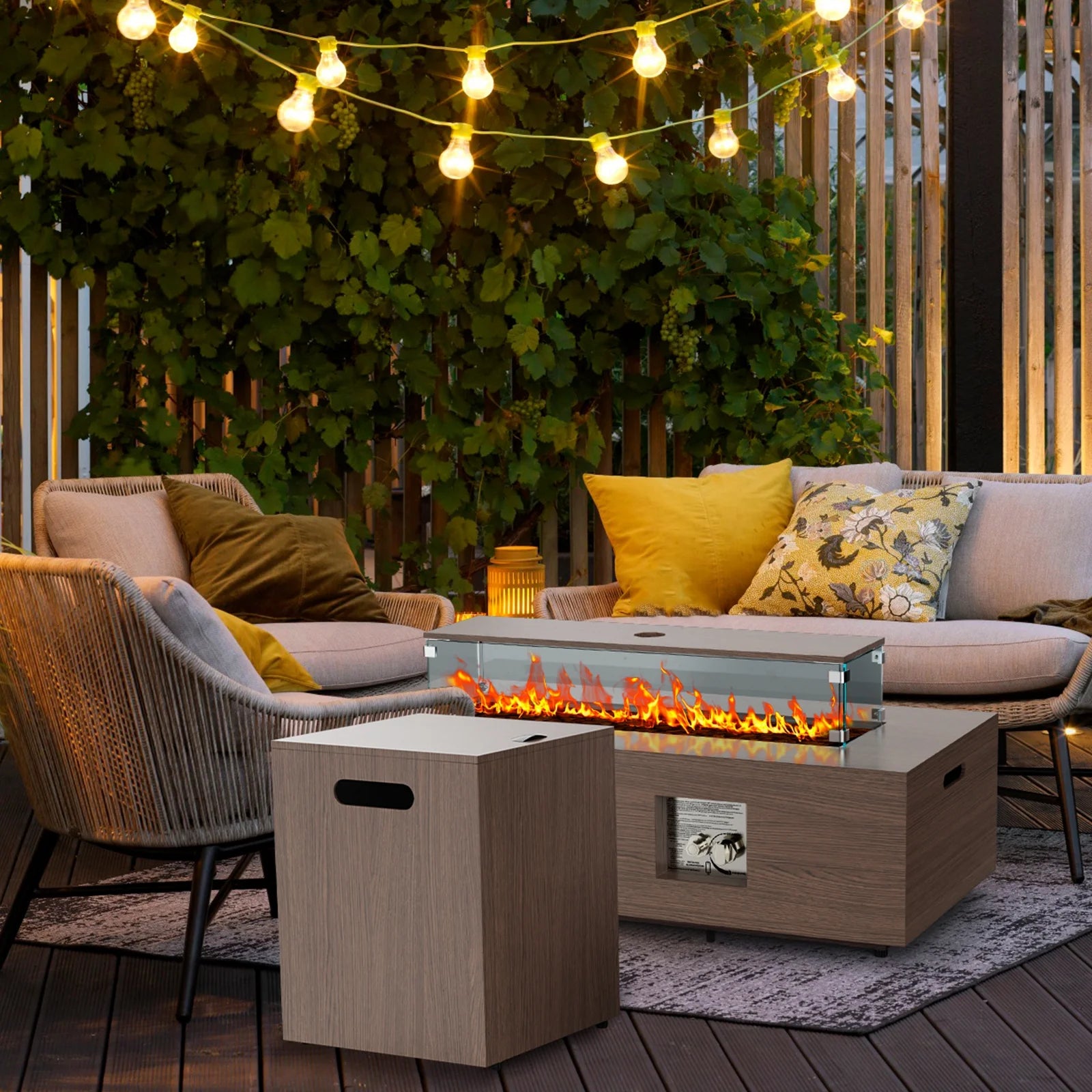 WFUN 43" Outdoor Propane Fire Pit Table with Glass Wind Guard & Cover for Garden, Pool, Backyard, CSA certification, Brown