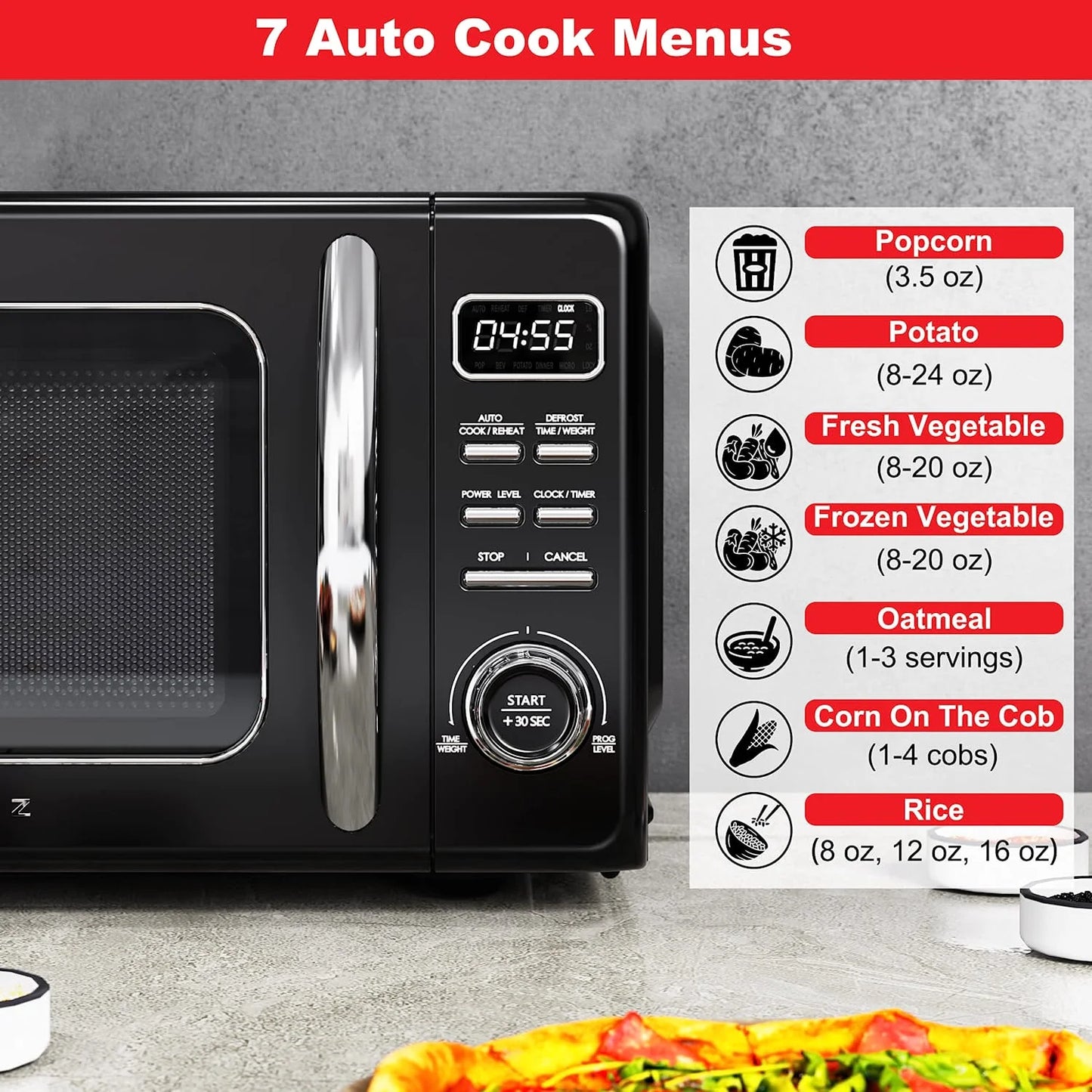 Galanz Retro Countertop Microwave Oven with Auto Cook & Reheat, Defrost, Quick Start Functions, Easy Clean with Glass Turntable, Pull Handle, .9 cu ft, Black