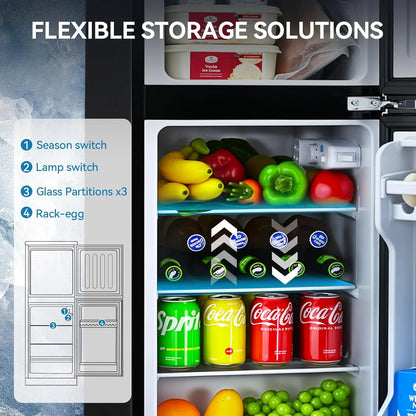 GGTB 3.5 Cu.Ft Fridge with Freezer, Double Door Refrigerator with 6 Level Thermostat, LED Light, Adjustable Glass Shelves for Bedroom, Office, Dorm, Apartment, Silver