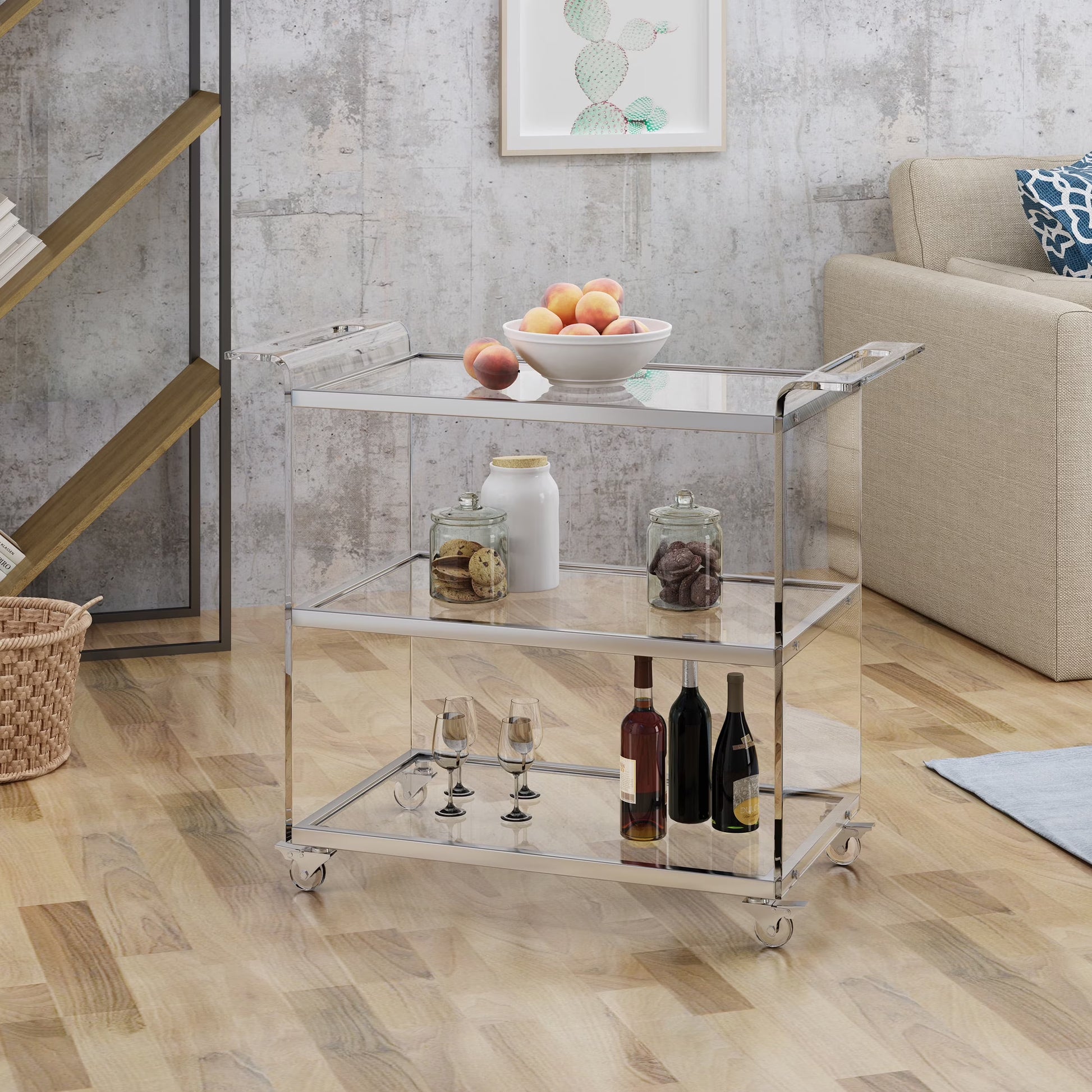 GDF Studio Dax Modern Glam Tempered Glass 3 Tiered Bar Cart, Clear