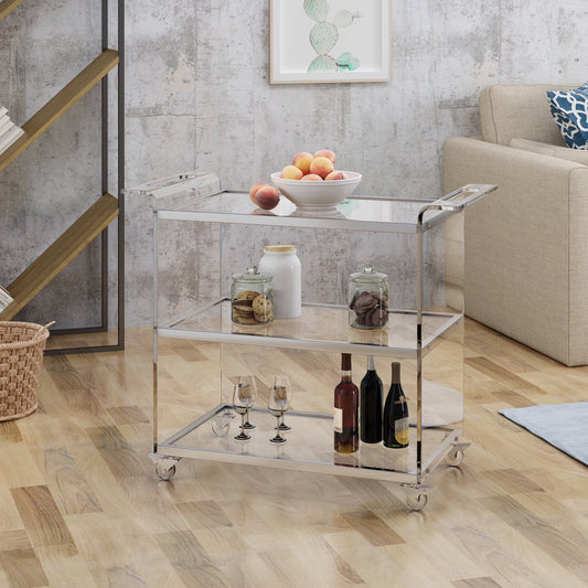 GDF Studio Dax Modern Glam Tempered Glass 3 Tiered Bar Cart, Clear