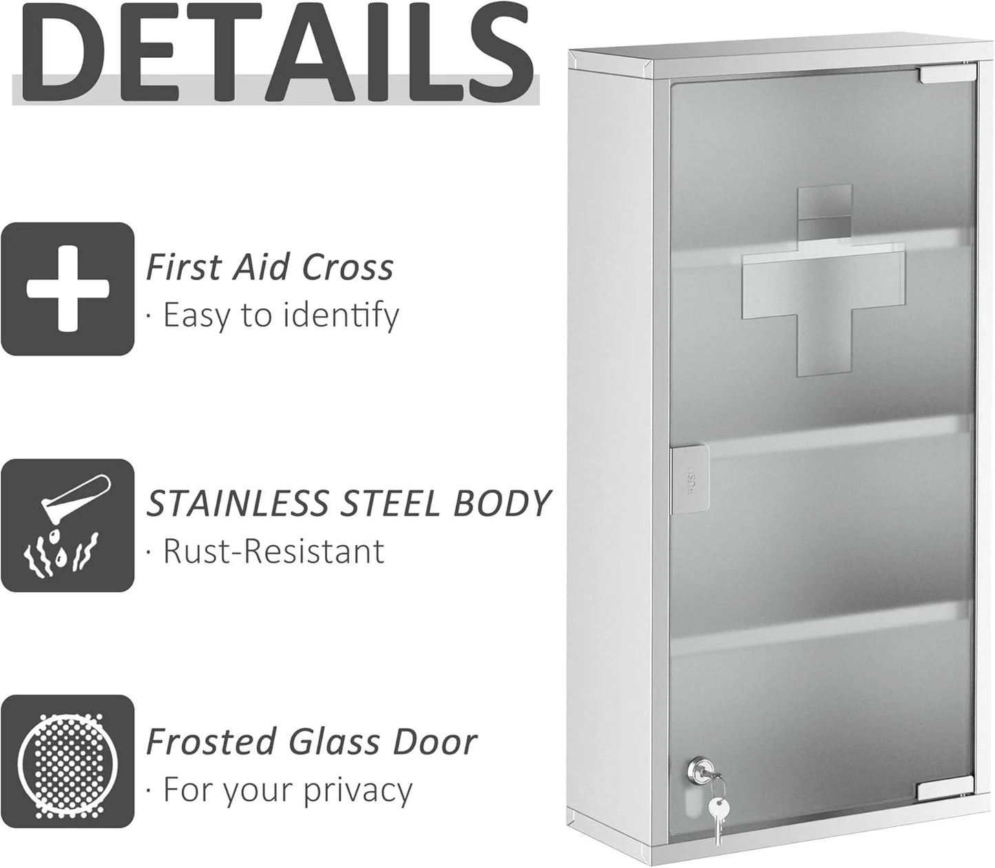 BOBOKY Wall Mounted Medicine Cabinet, Locking Wall Cabinet with 4 Tier Shelves, Stainless Steel Frame and Glass Door, Lockable with 2 Keys, Silver,12" x 24"