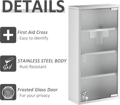 BOBOKY Wall Mounted Medicine Cabinet, Locking Wall Cabinet with 4 Tier Shelves, Stainless Steel Frame and Glass Door, Lockable with 2 Keys, Silver,12" x 24"