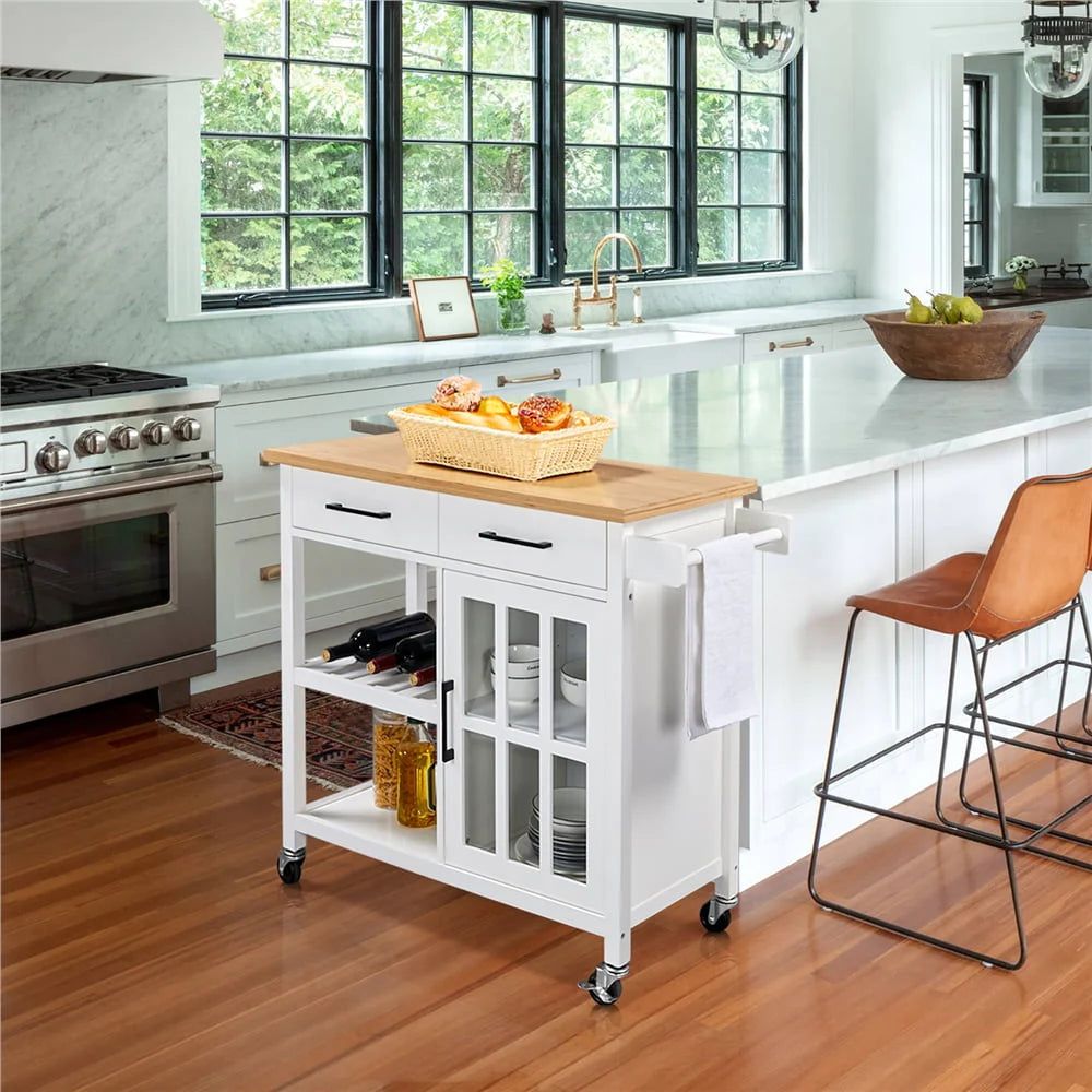 Topeakmart Rolling Kitchen Cart with Bamboo Top & Storage & Tempered Glass Cabinet Door White