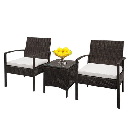 Zimtown 3 Pieces Patio Wicker Furniture, Outdoor Rattan Chat Set with Glass Table and Wicker Chairs, Brown Gradient