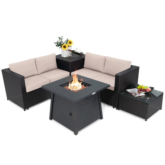 Topbuy 5-Piece Outdoor Patio Furniture Set with 50,000 BTU Propane Fire Pit Table Patio PE Wicker Conversation Set with Cushions Storage Box and Tempered Glass Coffee Table Beige