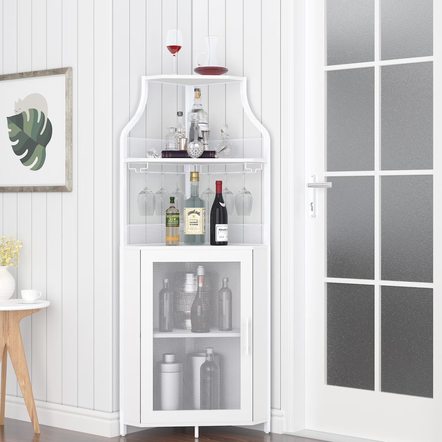 COZONY 5-Tier Retro-Styled Corner Bar Cabinet with Wine Rack, Glass Holder, and Storage Shelves, 60.6"H