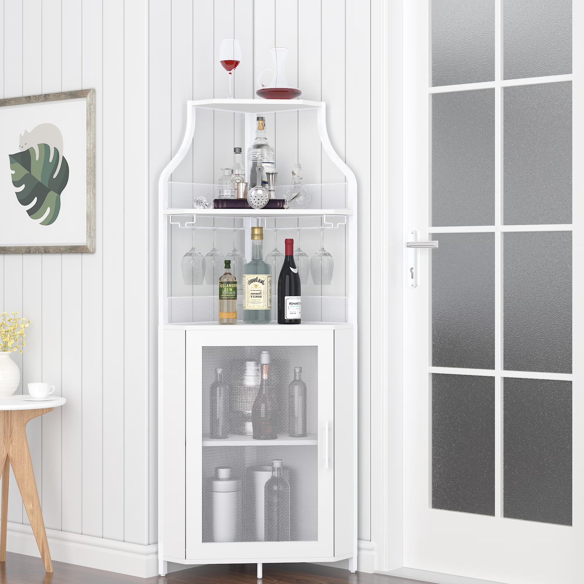 COZONY 5-Tier Retro-Styled Corner Bar Cabinet with Wine Rack, Glass Holder, and Storage Shelves, 60.6"H