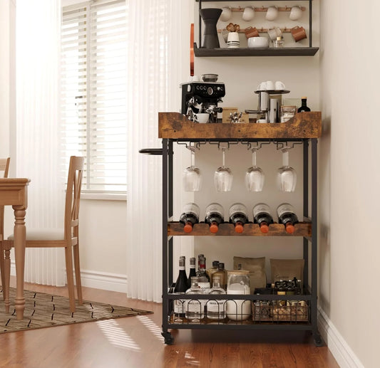 x-Cosrack 3 Tier Home Bar Cart with Wine Rack and Glasses Holder, Mobile Kitchen Storage on Wheels, Brown