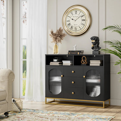 Homfa Sideboard Buffet, 3 Drawers Accent Cabinet with Open Shelf & Glass Doors, Black