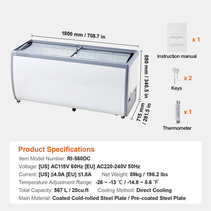 KFFKFF Professional Ice Cream Showcase, 20 Cu.ft Storage Freezer, Portable Transparent Lid Deep Freezer, Diner Sorbet Serving Cabinet with 12 Spacious Tubs,Dual Slide Glass Doors,Secure Casters,White