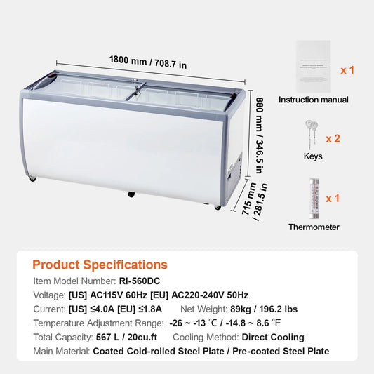 KFFKFF Professional Ice Cream Showcase, 20 Cu.ft Storage Freezer, Portable Transparent Lid Deep Freezer, Diner Sorbet Serving Cabinet with 12 Spacious Tubs,Dual Slide Glass Doors,Secure Casters,White