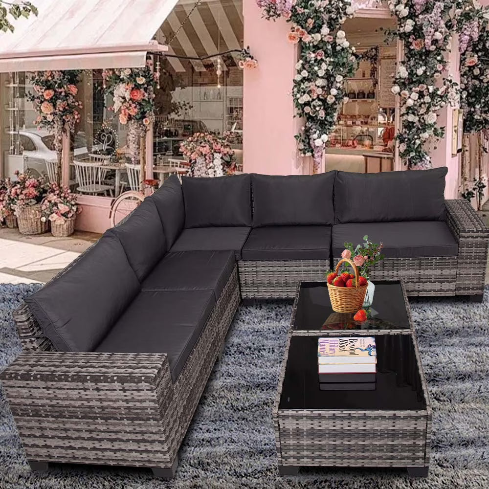 HISUKOY 7-Piece Modular Outdoor Sectional Wicker Patio Conversation Set,Outdoor Couch,All Weather Patio Conversation Sets with Washable Cushions and Glass Table, Rattan Wicker Couch for Garden