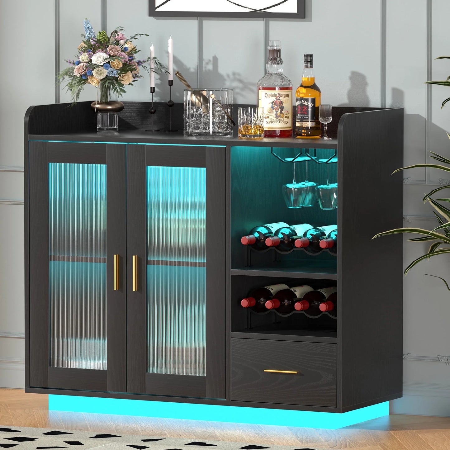 SNYNUXX Wine Bar Cabinet with LED Lights, Floating Coffee Bar Cabinet with Wine and Glass Rack, Kitchen Buffet Sideboard with Glass Doors and Drawers for Dining Room, Black