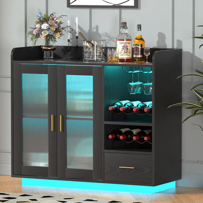 SNYNUXX Wine Bar Cabinet with LED Lights, Floating Coffee Bar Cabinet with Wine and Glass Rack, Kitchen Buffet Sideboard with Glass Doors and Drawers for Dining Room, Black
