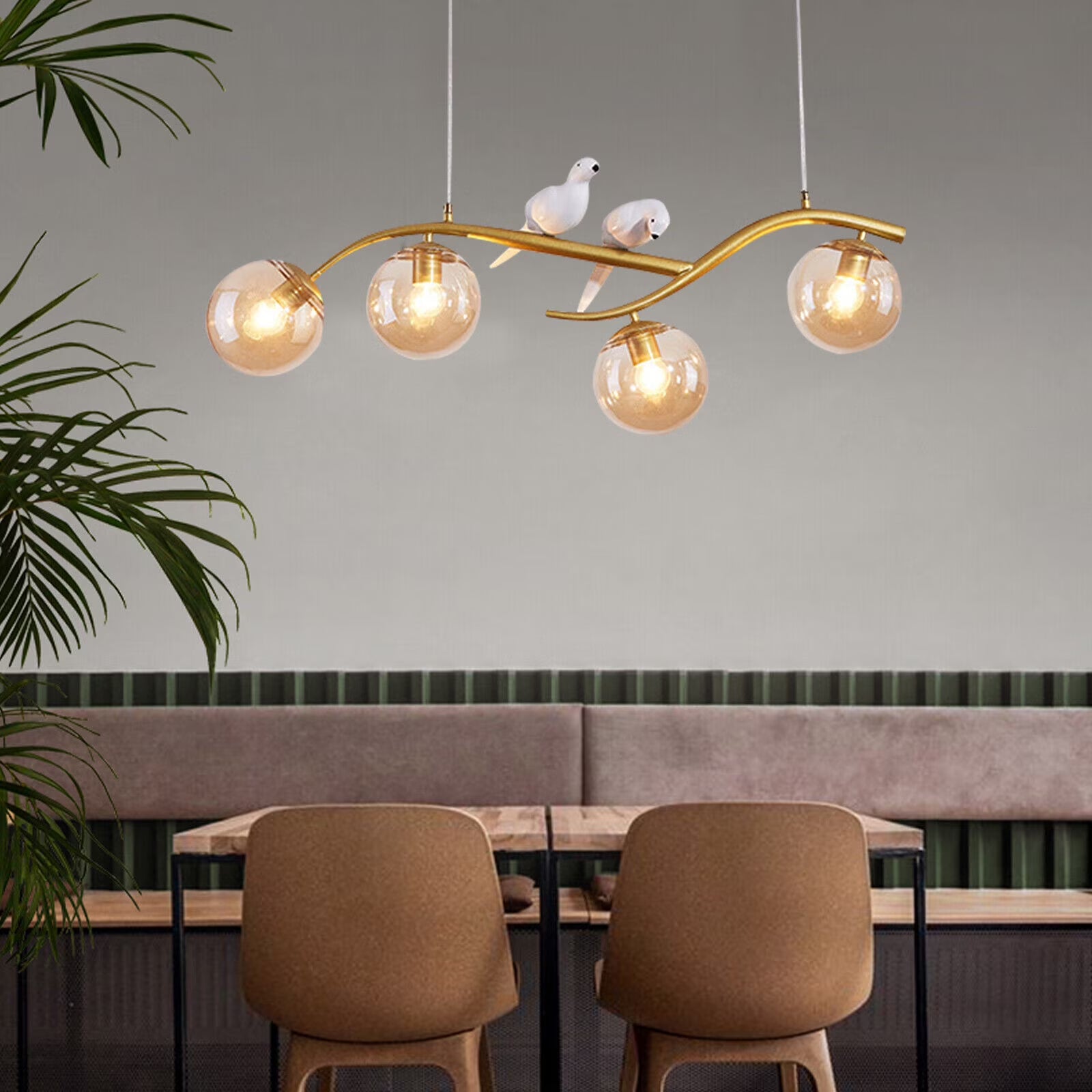 Miumaeov 4-Light Chandelier 2-Birds Modern Ceiling Pendant Light with Gold Glass Ball for Bedroom Living Room Kitchen Dining Room