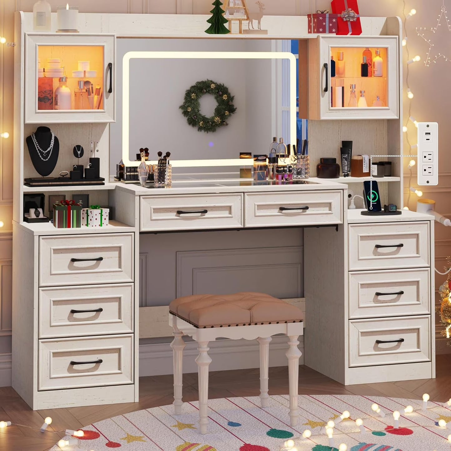ChVans 62'' Large Vanity Desk with Tempered Glass Top & Charging Station, Farmhouse Makeup Vanity with 8 Storage Drawers & 2 LED Glass Storage Cabinets & 3 Lights Mode LED Mirror for Women Gift