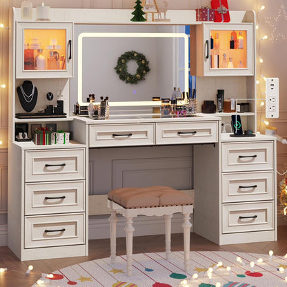 ChVans 62'' Large Vanity Desk with Tempered Glass Top & Charging Station, Farmhouse Makeup Vanity with 8 Storage Drawers & 2 LED Glass Storage Cabinets & 3 Lights Mode LED Mirror for Women Gift