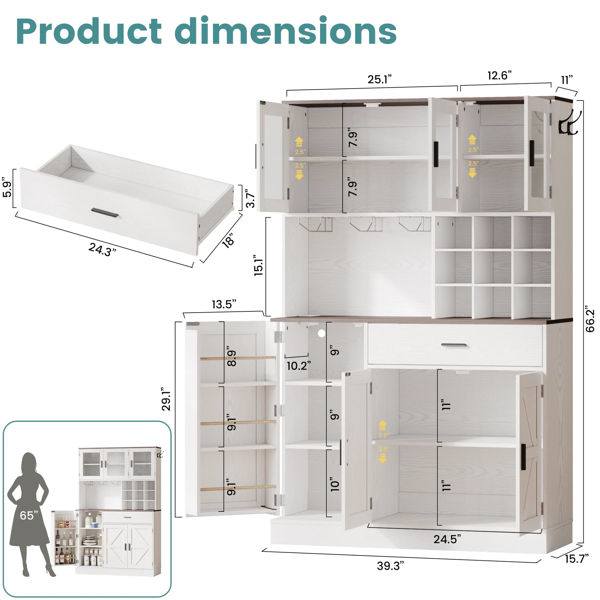 ANCTOR Kitchen Pantry Storage Cabinet with Glass Door, Kitchen Hutch Buffet Cabinet with Drawer, Power Outlet, Wine Rack