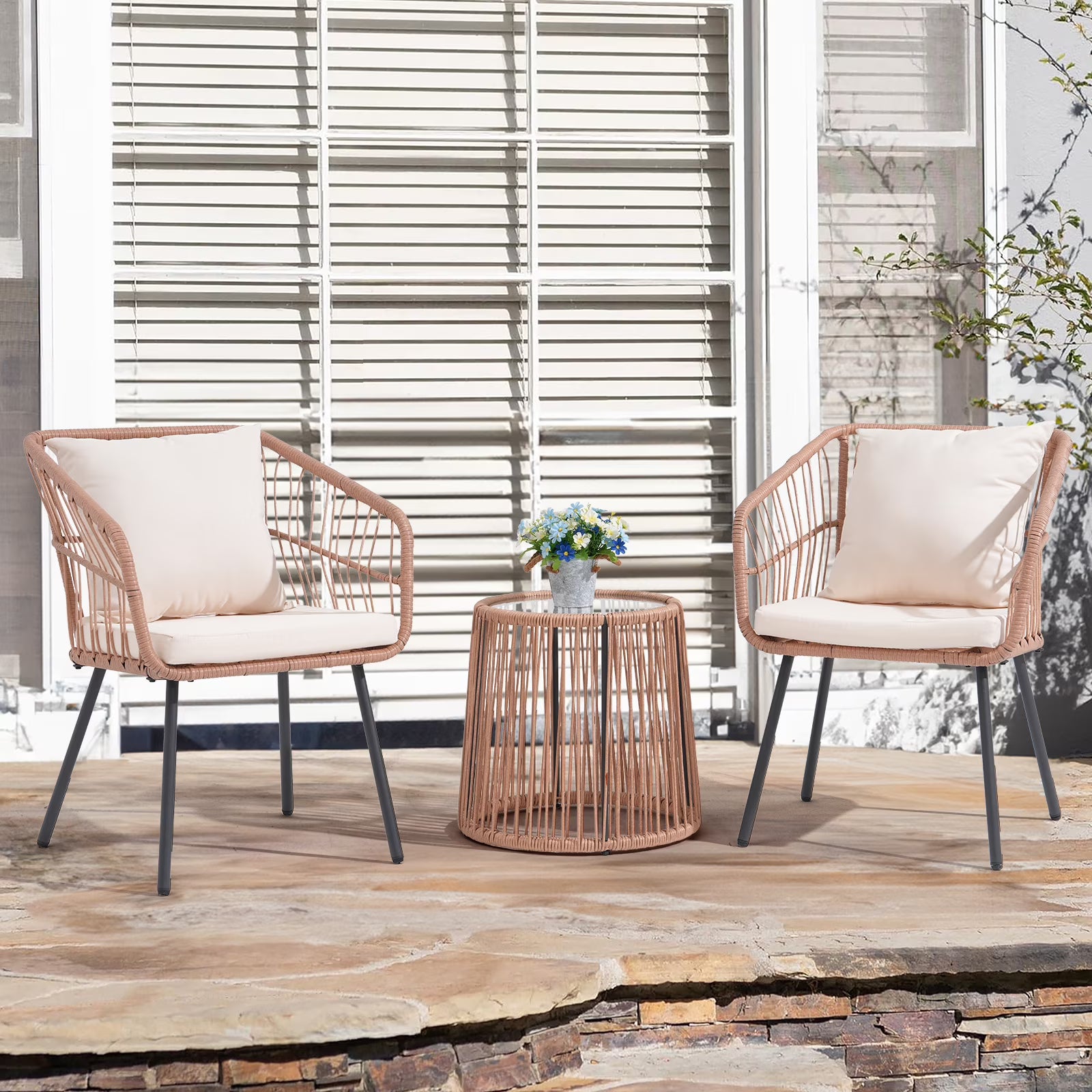 Patio Furniture Set, Betcozy3 Pieces Outdoor Chairs Set with Glass Coffee Table for Garden, Bistro, Porch, Balcony, Backyard