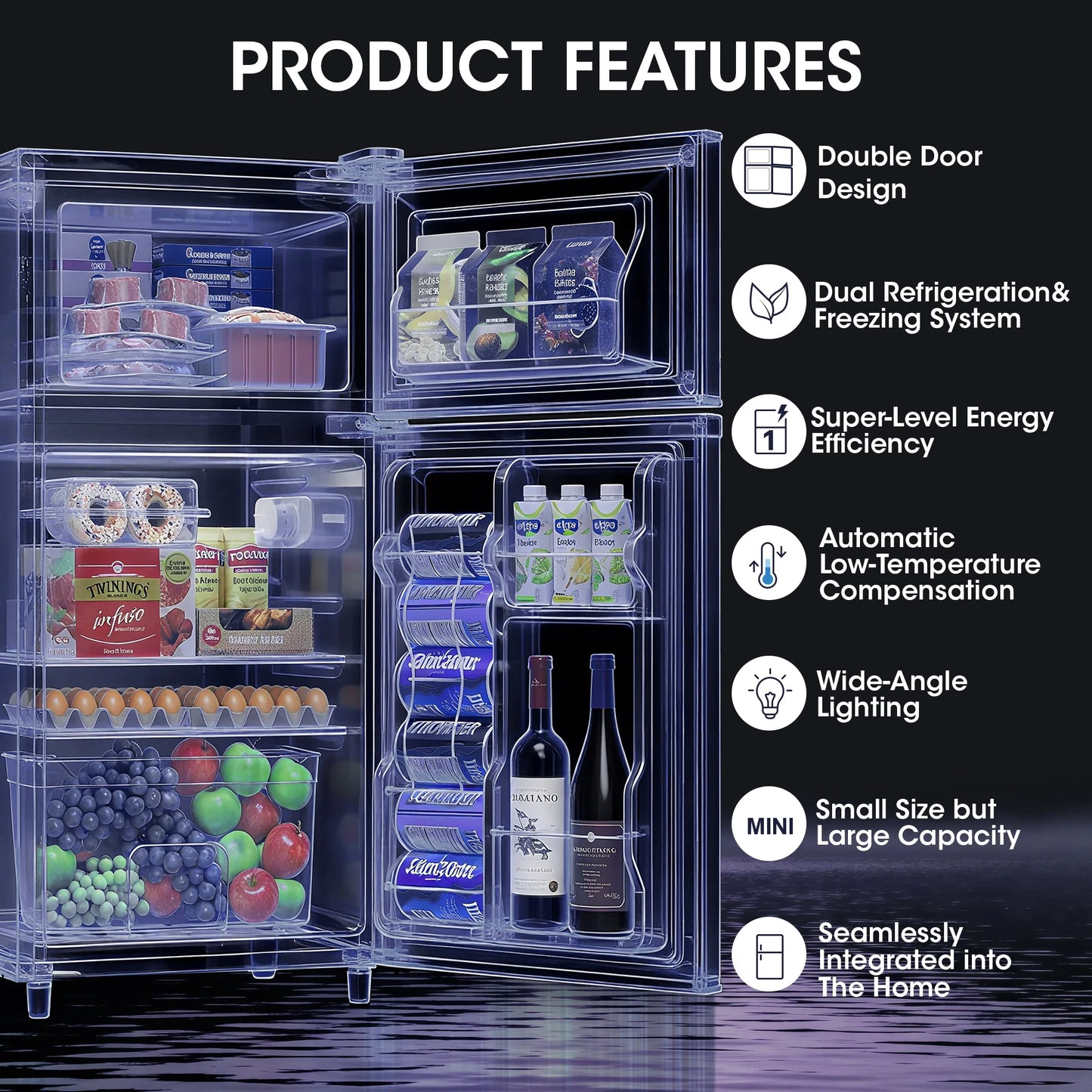 Manastin 3.5 Cu.ft Mini Fridge with Freezer, Adjustable Thermostat, Low Noise, Removable Glass Shelves, 2 Door Small Refrigerator for Kitchen, Office, Bedroom,Black