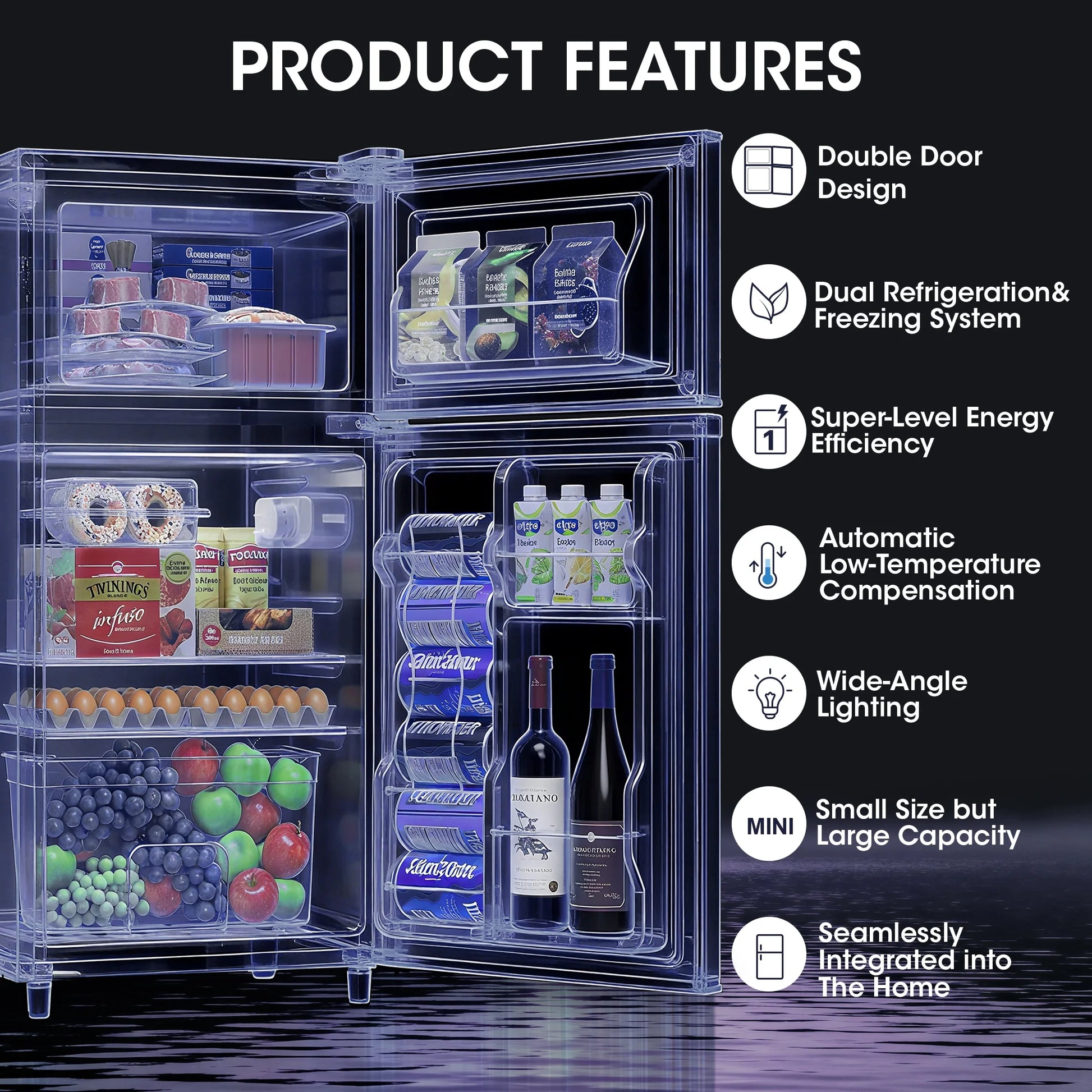 Manastin 3.5 Cu.ft Mini Fridge with Freezer, Adjustable Thermostat, Low Noise, Removable Glass Shelves, 2 Door Small Refrigerator for Kitchen, Office, Bedroom,Black