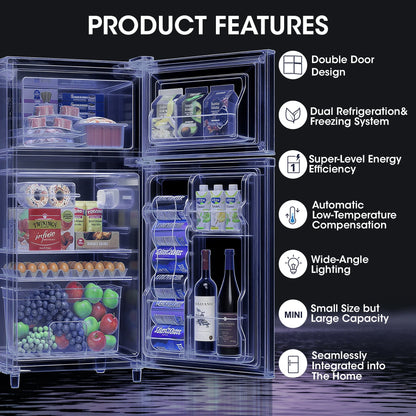 Manastin 3.5 Cu.ft Mini Fridge with Freezer, Adjustable Thermostat, Low Noise, Removable Glass Shelves, 2 Door Small Refrigerator for Kitchen, Office, Bedroom,Black