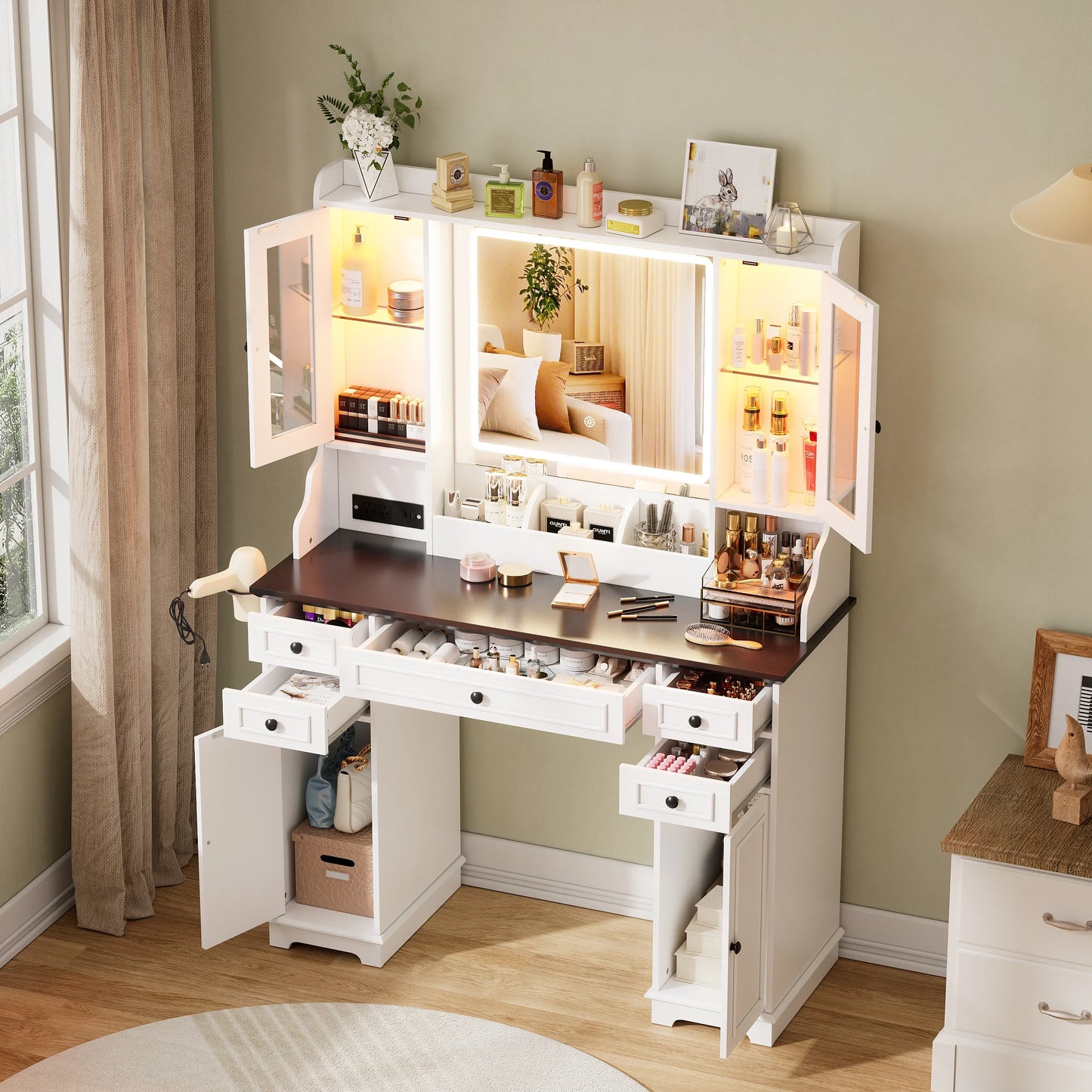 Farmhouse Makeup Vanity Desk with Mirror and Lights, Vanity Table with Glass Tabletop, Charging Station, 5 Drawers, Side Cabinet, Storage Shelves for Bedroom, White by TZUTOGETHER