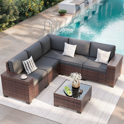 ELPOSUN Outdoor Sectional Furniture Set 6-Piece Brown Rattan Wicker Conversation Sofa Set with Glass Top Table and Waterproof Covers,Blue Cushions