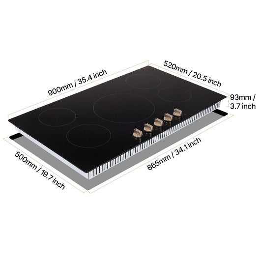 KFFKFF 5 Burner Electric Cooktop, 9200W 36" Ceramic Glass Stove Top Burner, Built In or Countertop, with Control Knobs, 12 Heat Levels, Glass Top, Automatic Power-Off for Indoor Outdoor Cooking