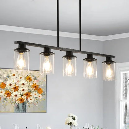 ACE-LIGHTS,Modern Industrial 5-Light Chandelier with Clear Glass Shades(Bulbs Not Included),Hanging Ceiling Light Fixture for Living Room,Dining Room,Kitchen Island(Black)