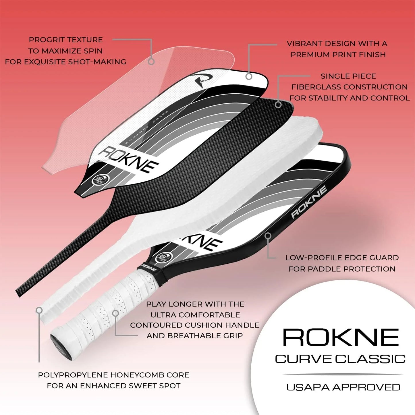 Rokne Curve Classic Fiberglass Pickleball Paddle Long Handle Racket with Pro Grit Texture and Cover, Storm