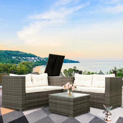 UHOMEPRO 4-Piece Rattan Patio Furniture Sets, All-Weather PE Wicker Patio Conversation Set with Storage Box, Glass Coffee Table, Outdoor Sectional Sofa Set for Backyard Patio Garden Poolside, Gray