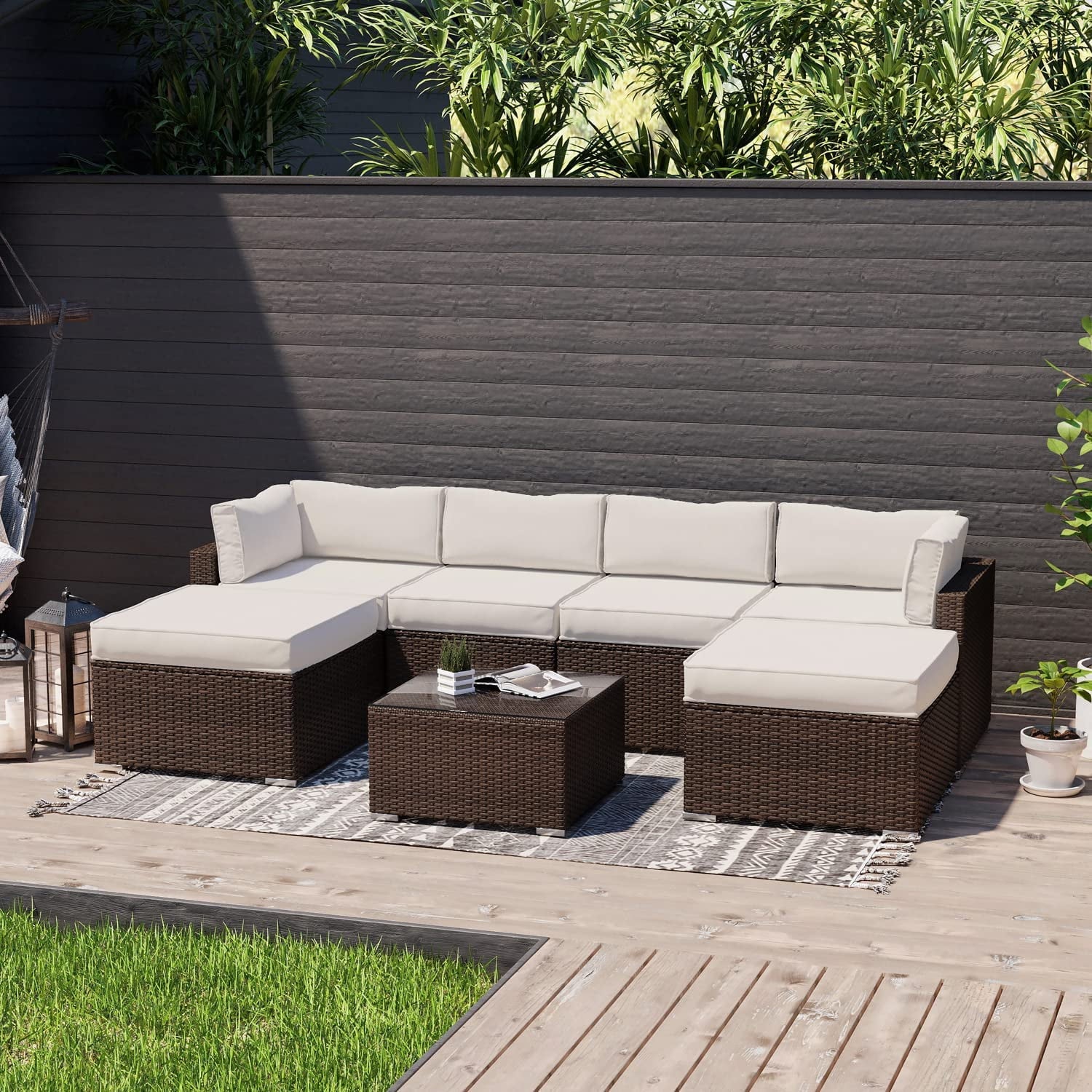 COSIEST 7-Piece Outdoor Patio Furniture Grey Wicker Sectional Sofa Set with Tempered Glass Coffee Table