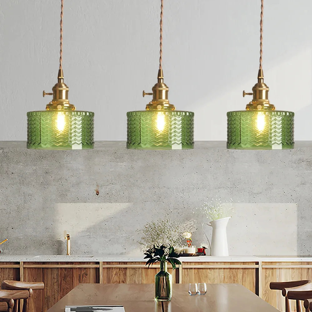 Arturesthome Classic Vintage Green Glass Pendant Light Cylinder Wavy Small Light Fixture