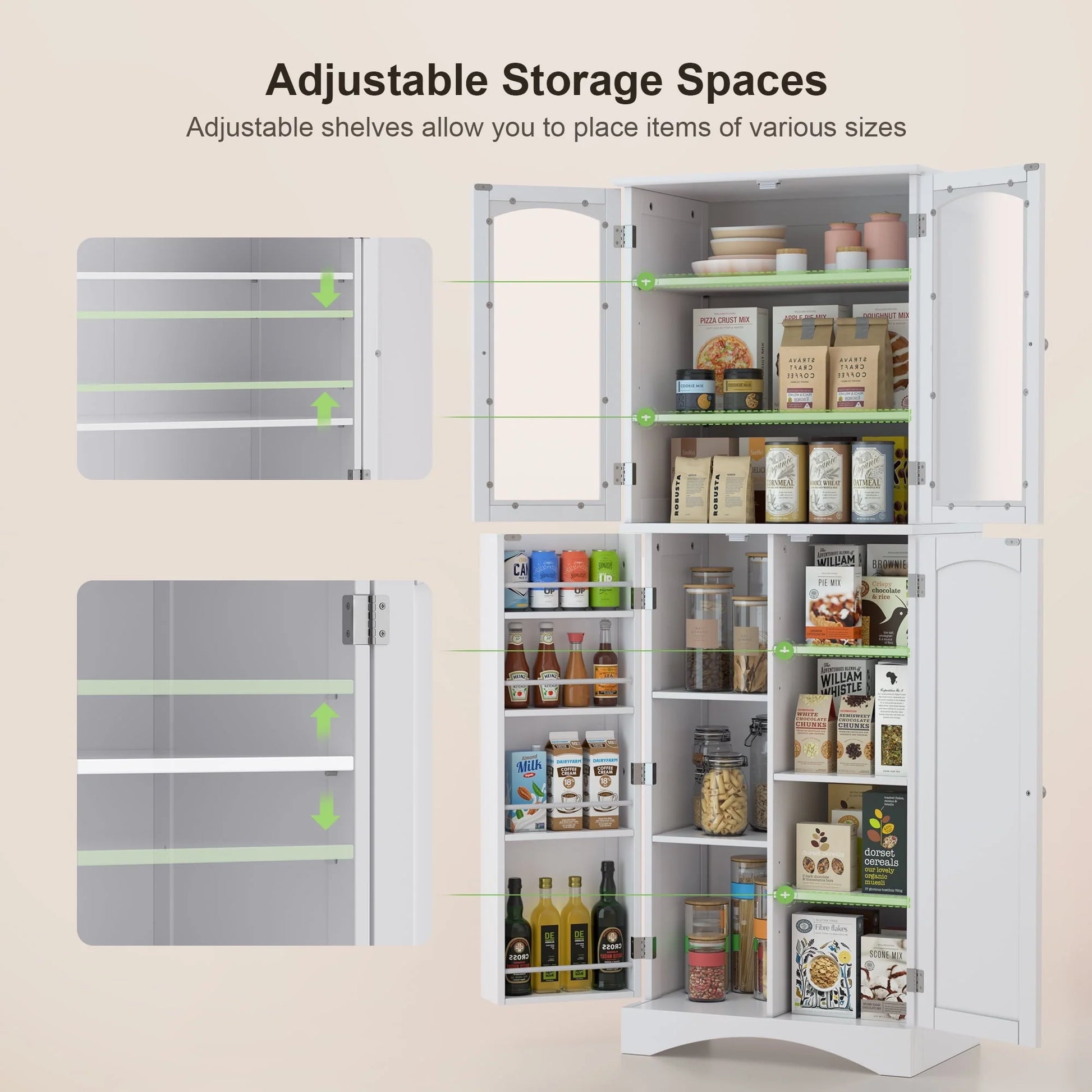 Lofka Kitchen Food Pantry Cabinet, 64" Tall Storage Cabinet with Frosted Glass Doors and Adjustable Shelves, White
