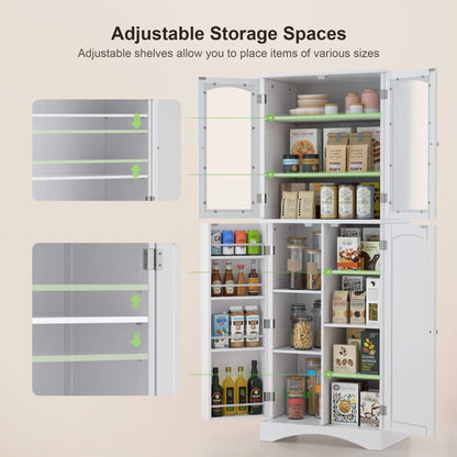 Lofka Kitchen Food Pantry Cabinet, 64" Tall Storage Cabinet with Frosted Glass Doors and Adjustable Shelves, White