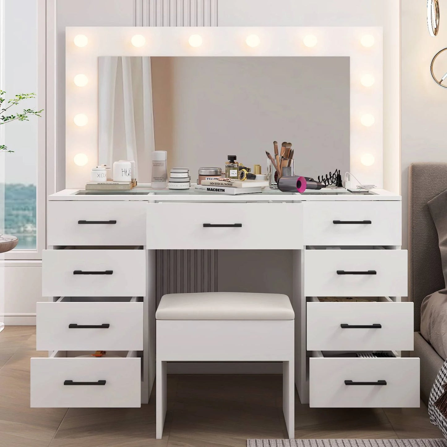 Ktaxon Large Makeup Vanity, Vanity Table Set w/Visible Glass Top w/Charging Station, White