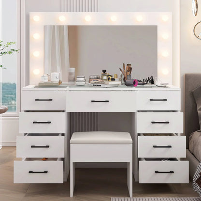 Ktaxon Large Makeup Vanity, Vanity Table Set w/Visible Glass Top w/Charging Station, White