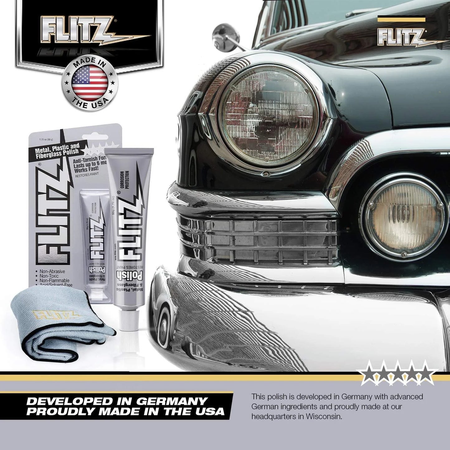 Flitz Multi-Purpose Polish and Cleaner Paste for Metal, Plastic, Fiberglass, Aluminum, Jewelry, Sterling Silver: Great for Headlight Restoration + Rust Remover, Made in the USA