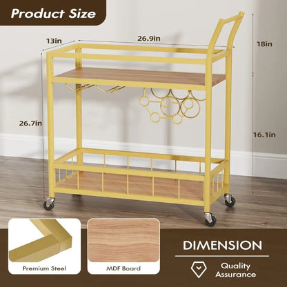 Vineego Bar Cart Home Industrial Mobile Bar Cart Serving Wine Cart on Wheels with Wine Rack and Glass Holder 2 Wood Storage Shelves for Living Room, Kitchen, Party (Gold)