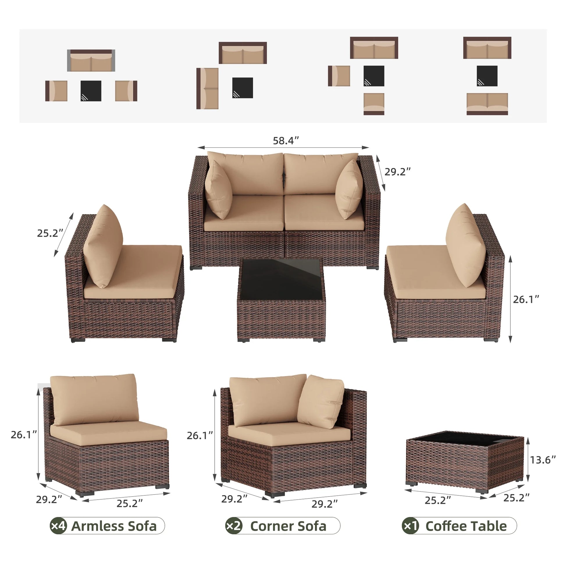 MRUAKA 5 Pieces Patio Furniture Set, Outdoor Furniture Sectional Rattan Sofa with Slanted Back, Patio Couch with Glass Coffee Table for Backyard Garden (Khaki)