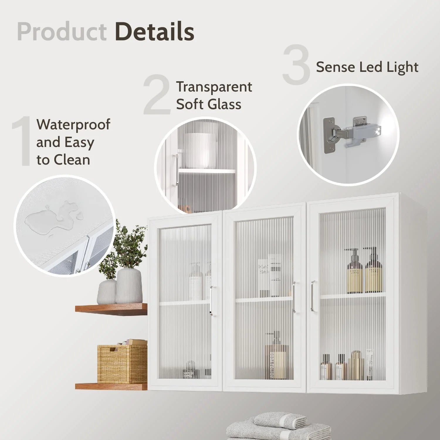 Wall Storage Cabinets - Led Upper Kitchen Laundry Wall Mounted Cabinets with Acrylic Glass 3 Doors and Shelves, 36'Wide