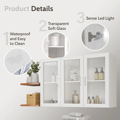 Wall Storage Cabinets - Led Upper Kitchen Laundry Wall Mounted Cabinets with Acrylic Glass 3 Doors and Shelves, 36'Wide