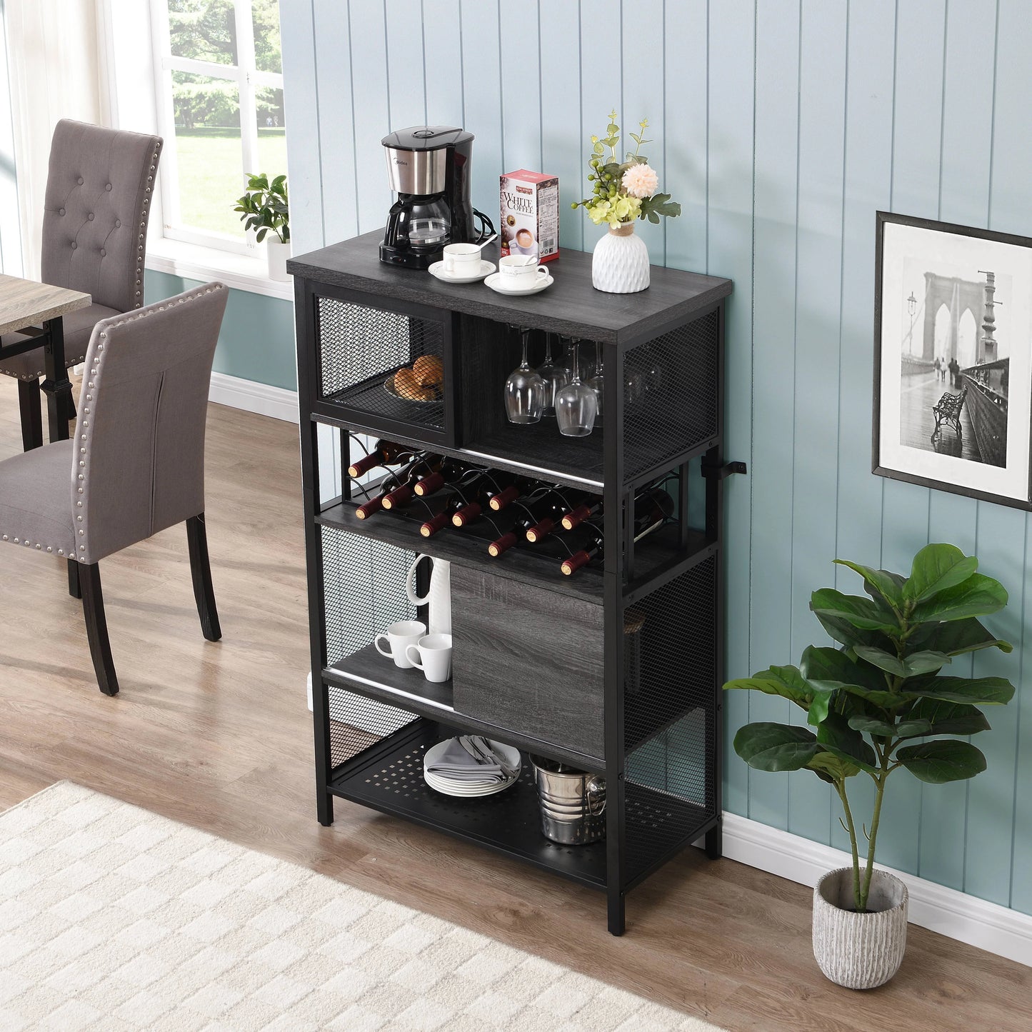 Industrial Bar Cabinet with Wine Rack, Rustic Wine Cabinet for Liquor and Glasses, Farmhouse Coffee Bar Cabinet with Storage, Rustic Buffet and Sideboard for Dining Room, Living Room, Kitchen, L0153
