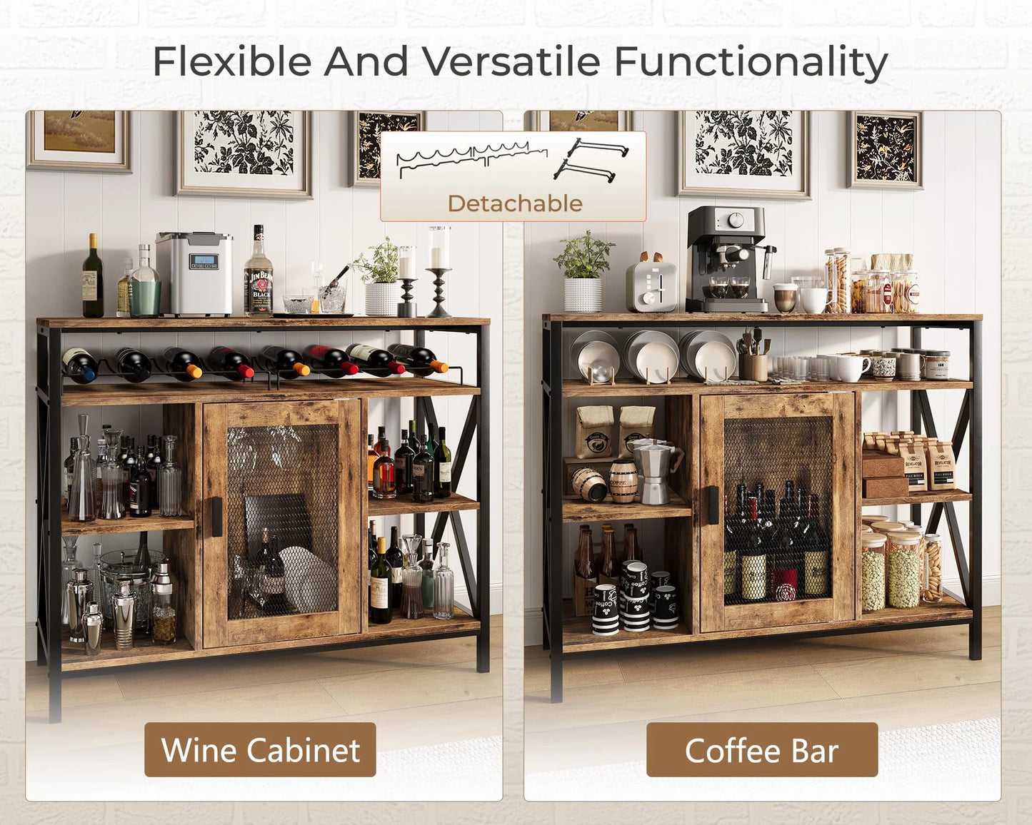 Vividwood Wine Bar Cabinet with Storage, Industrial Liquor Cabinet with Wine Rack & Glass Holder, Small Wood Metal Cart Bar Alcohol Table Sideboard Buffet for Home Kitchen Living Room, Oak