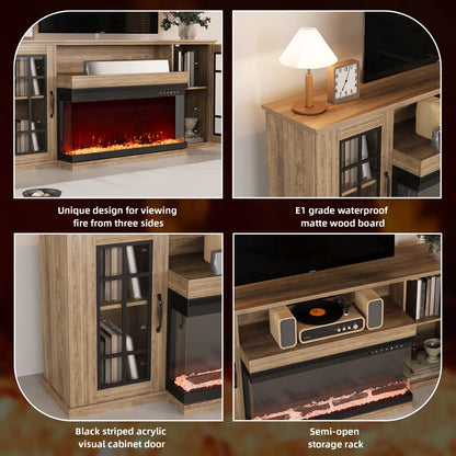 MELLCOM 70" 3 Sided Glass Fireplace TV Stand, Modern Media Console with Storage Side Cabinet, Fits TVs up to 80", Electric Fireplace TV StandWalnut Color