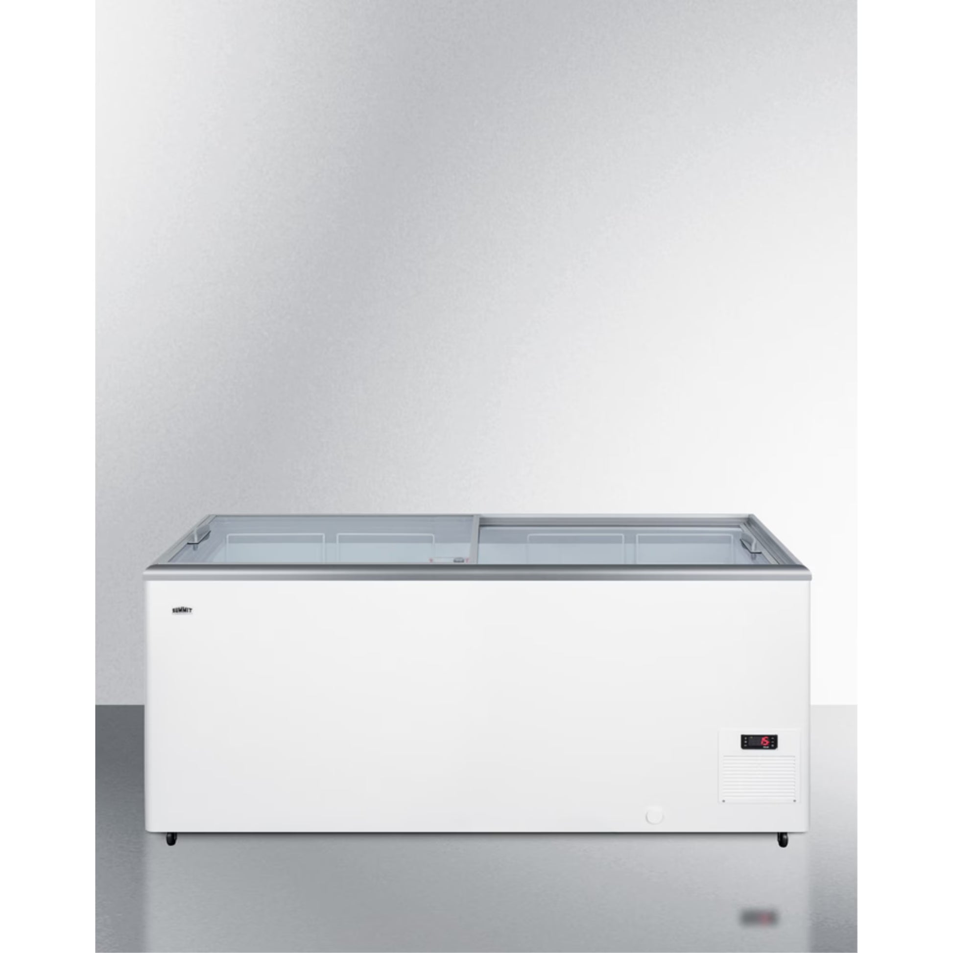Flat top commercial ice cream freezer with sliding glass lid, digital thermostat, novelty baskets, and 16.6 cu.ft. capacity